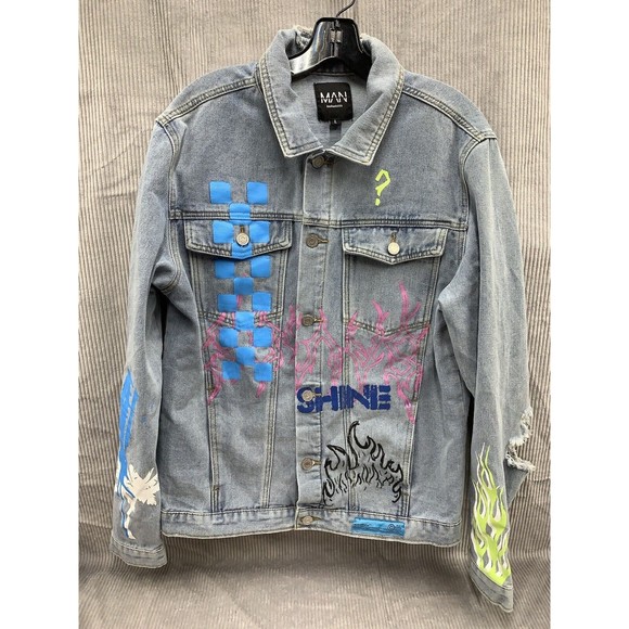 Boohoo MAN Official Denim Jacket Graphic Print Mens Large Blue Button Front - Picture 1 of 16